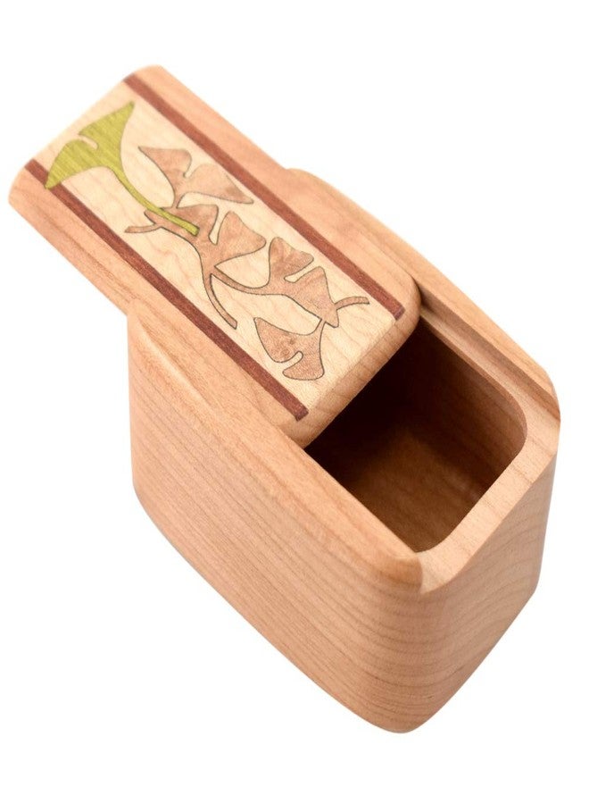 Modern Artisans American Made Hardwood Pill Box (Large Size) - Cherry Wood with Inlaid Ginkgo Design - Image 2